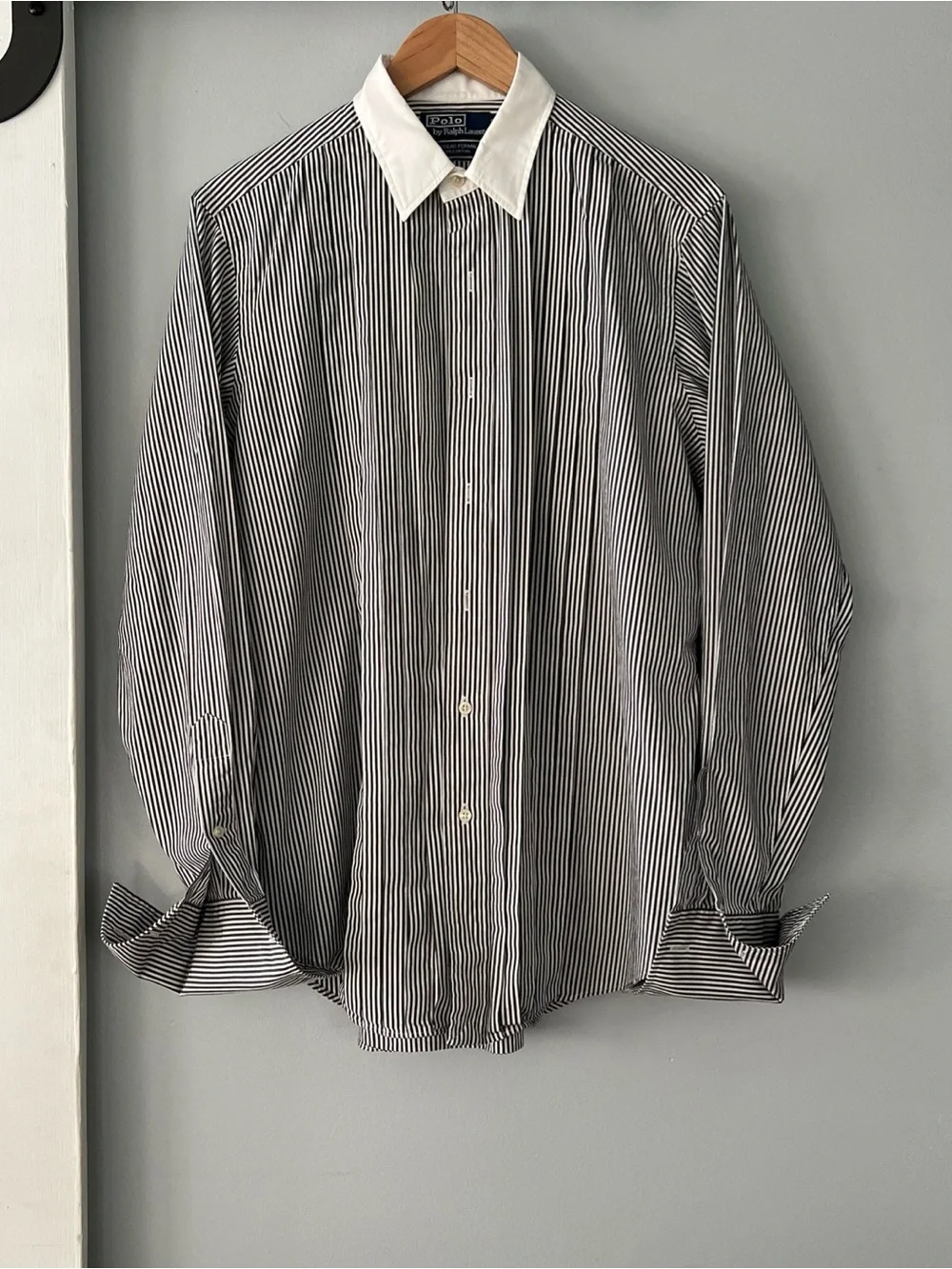 VTG Polo Ralph Lauren Douglas Formal Dress Shirt Men 15.5/35 Striped Black White